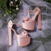 Satin Pink Chunky Heel Platform Wedding Shoes with Ribbon - Tajna Club
