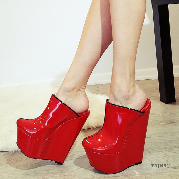 Red Patent Leather Sabo 17 cm Heel Wedge Mules - Tajna Club