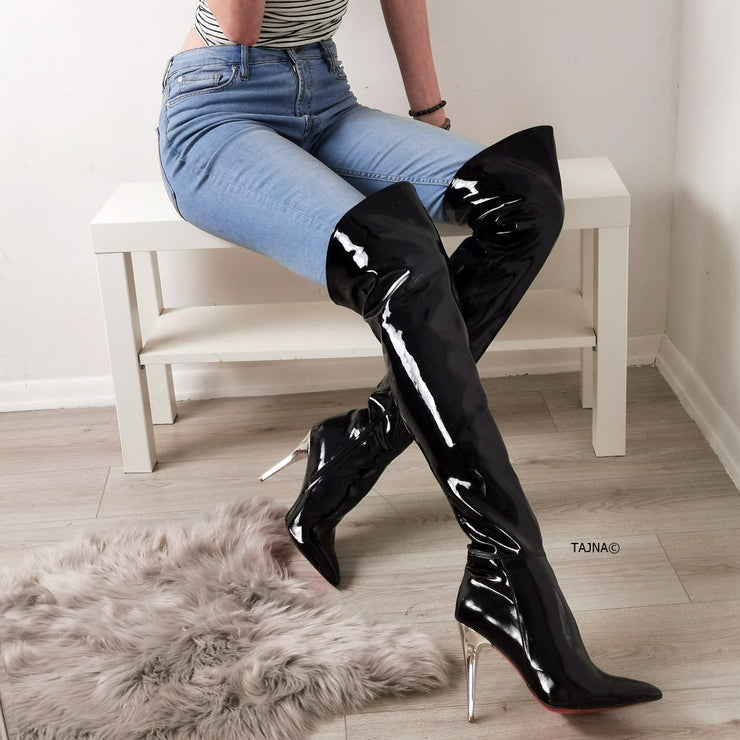 Pointy Nose Black Patent Knee High Boots - Tajna Club