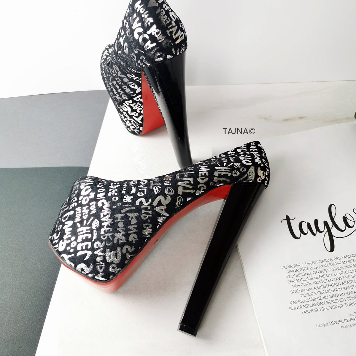 Letter Print Pumps Thick Heels | Tajna Club
