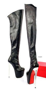 Genuine Leather Metallic Heel Black Boots - Tajna Club