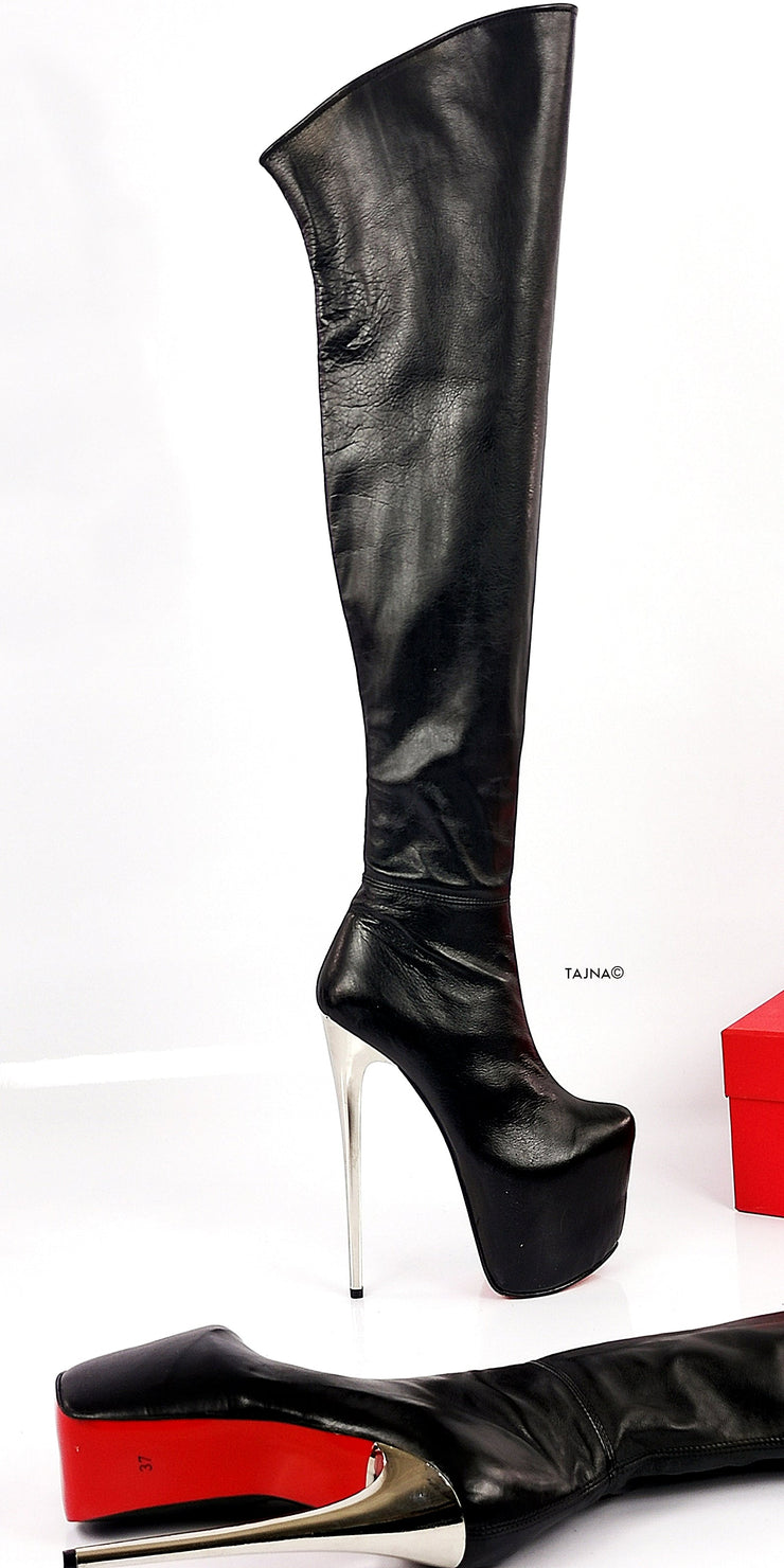 Genuine Leather Metallic Heel Black Boots - Tajna Club