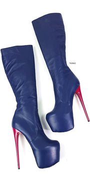 Navy Blue Genuine Leather Mid Calf Boots