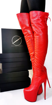 Back Lace Red Genuine Leather Thigh High Boots - Tajna Club