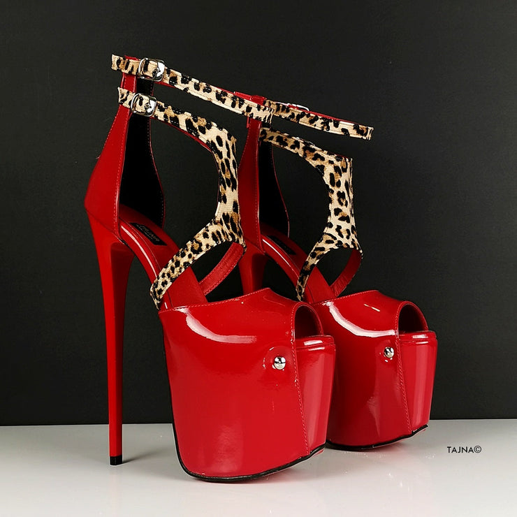 Red Patent Leopard Detail High Heels - Tajna Club