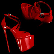 Red Gloss Cross Strap Peep Toe Heels Tajna Shoes
