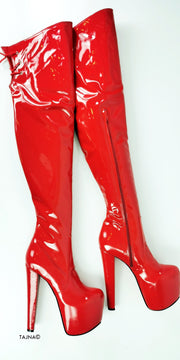 Red Gloss Thigh High Chunky Heel Boots - Tajna Club