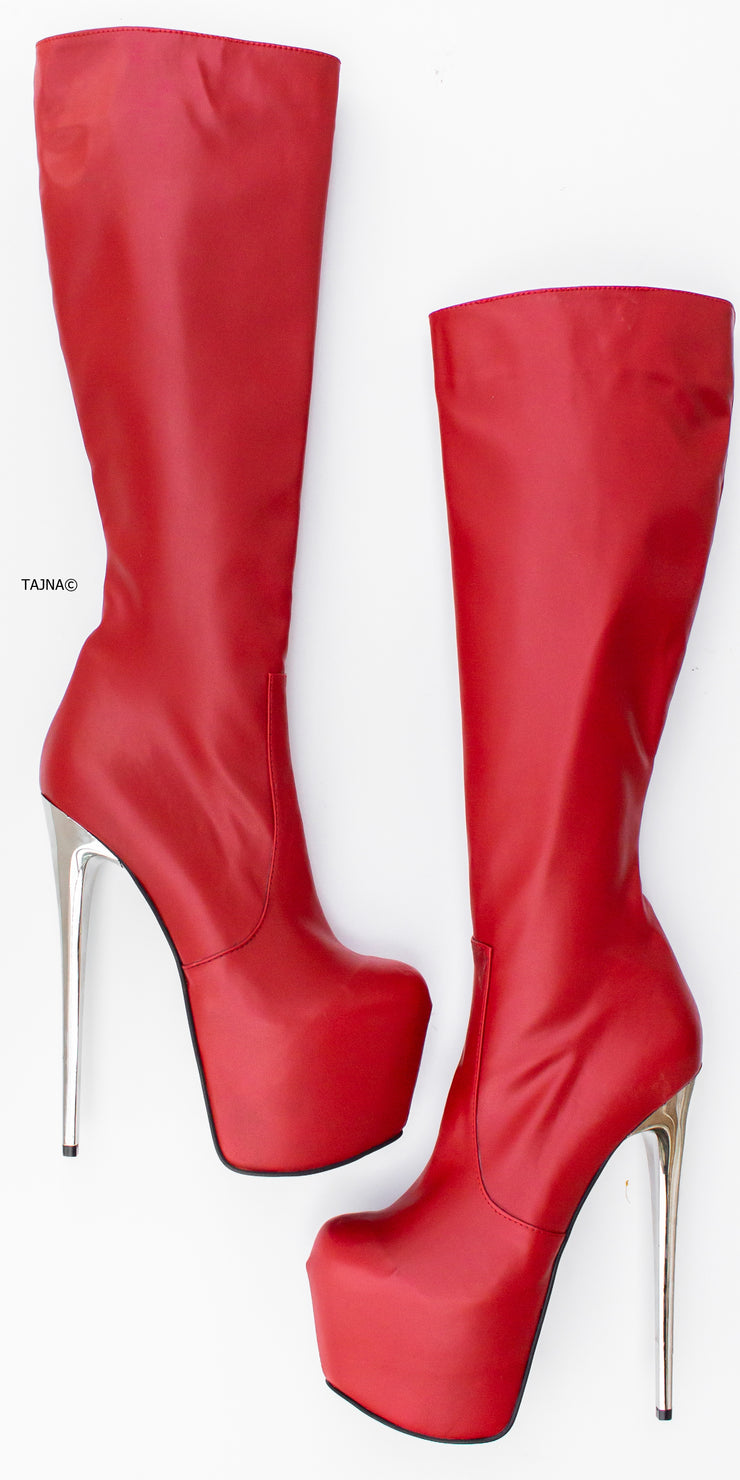 Red Matte Metallic Heel Mid-Calf Boots-Tajna-Club-Shoes