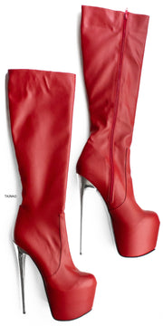 Red Matte Metallic Heel Mid-Calf Boots-Tajna-Club-Shoes