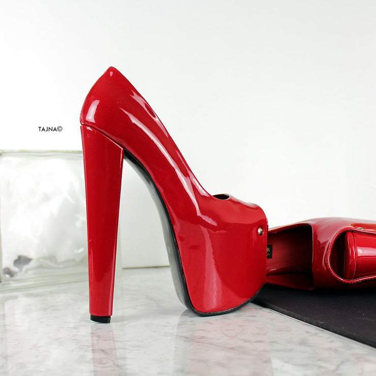 Red Patent Peep Toe Chunky High Heels - Tajna Club