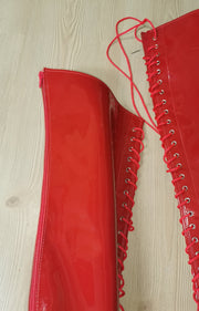 Red Patent Gladiator Lace Up Thigh High Boots - Tajna Club