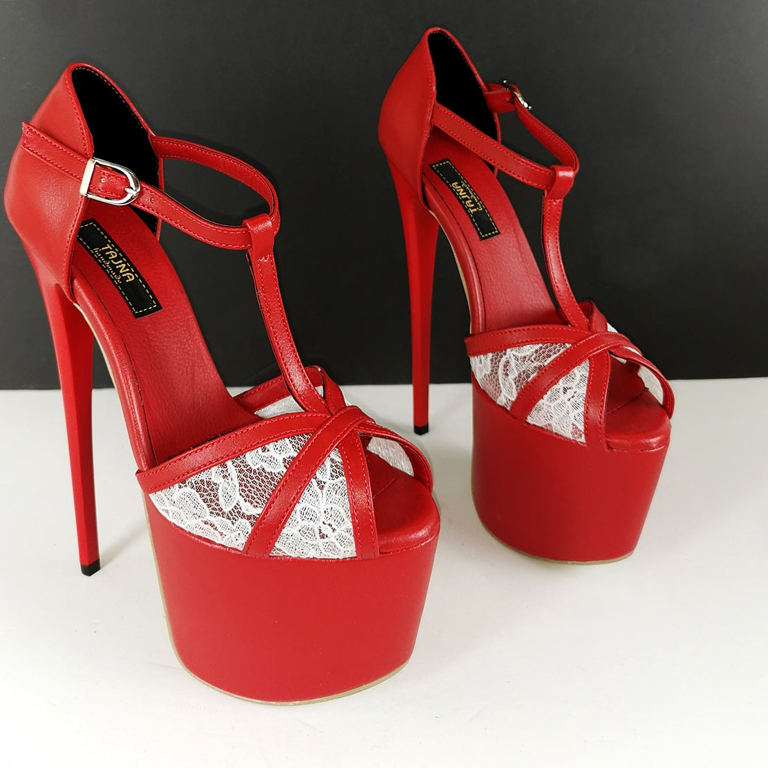 Red Lace Peep Toe Ankle Heels | Tajna Club