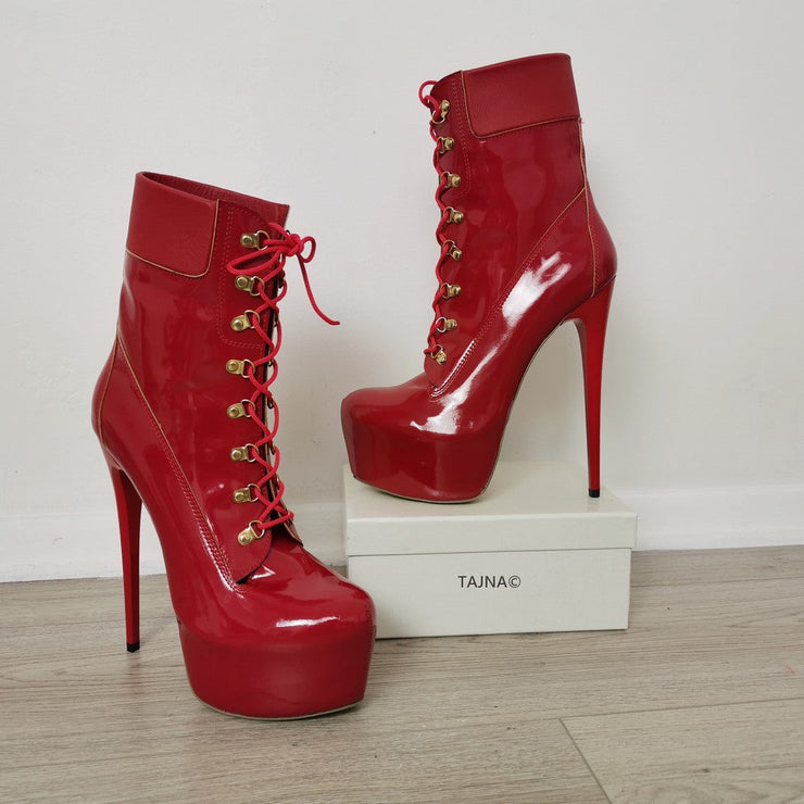 Lace Up Red Patent High Heel Platform Boots - Tajna Club