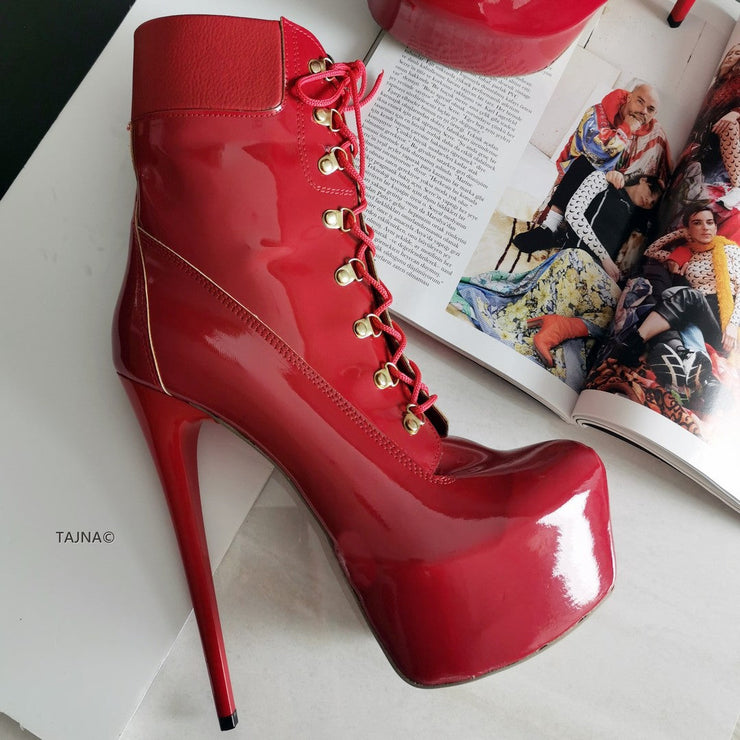 Lace Up Red Patent High Heel Platform Boots - Tajna Club