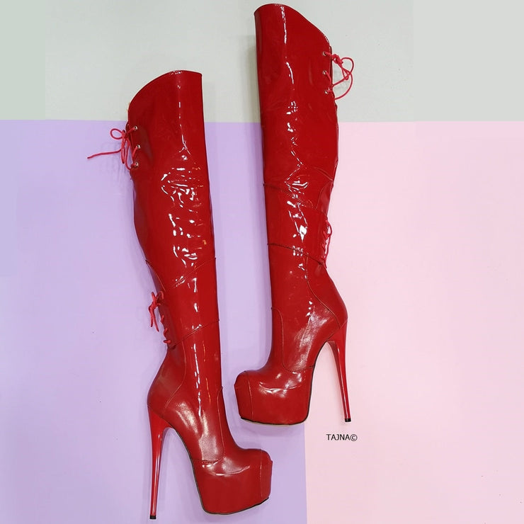 Red patent over the knee boots Clearance