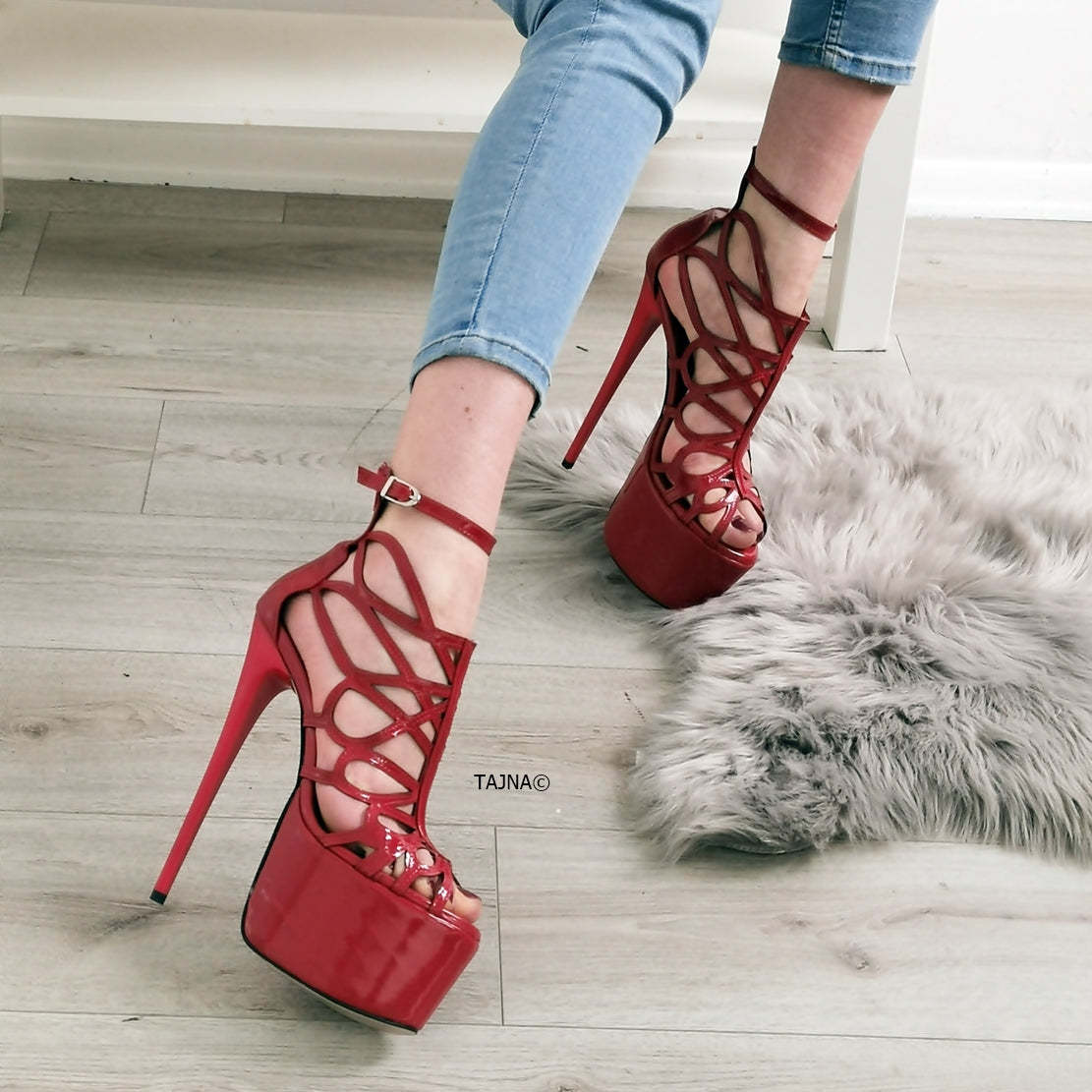 Red Patent Laser Cage Ankle Heels | Tajna Club