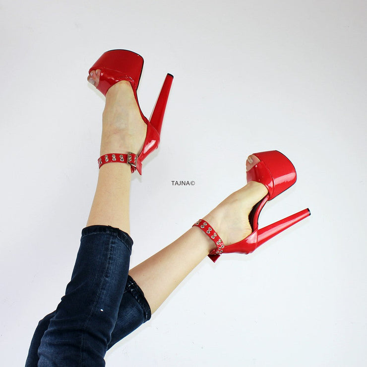 Red Patent Ankle Strap Platform Sandals - Tajna Club