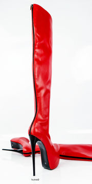 Back Zipper Red Over Knee Heel Boots - Tajna Club