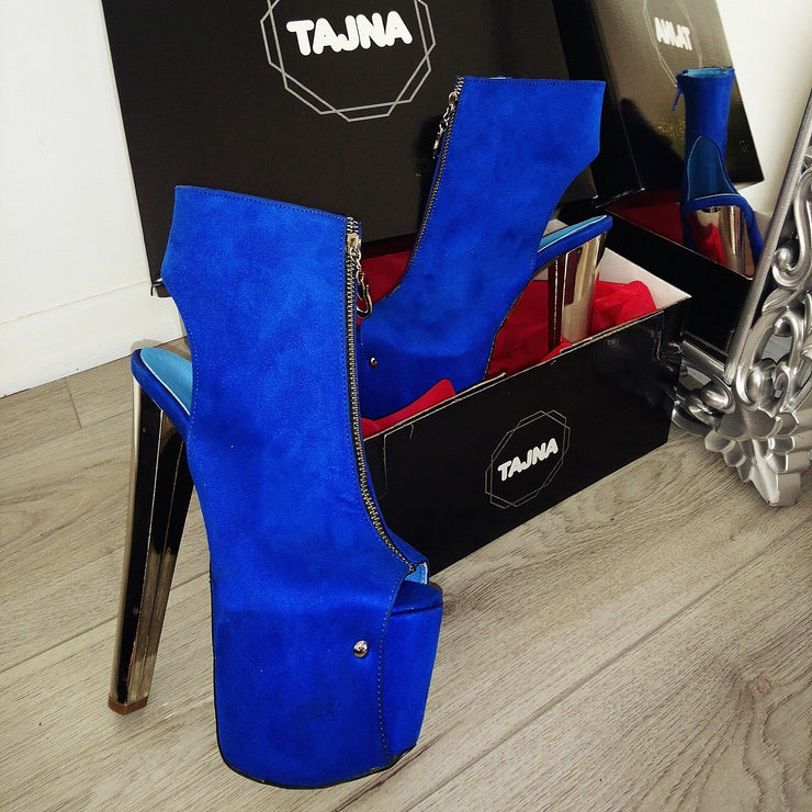 Zipper Detail Silver Heel Saxe Blue Peep Toe Platform Booties - Tajna Club