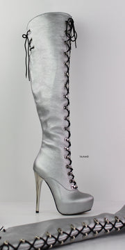 Silver Genuine Leather Lace Up Boots - Tajna Club