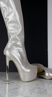 Silver Genuine Leather Over The Knee Boots - Tajna Club