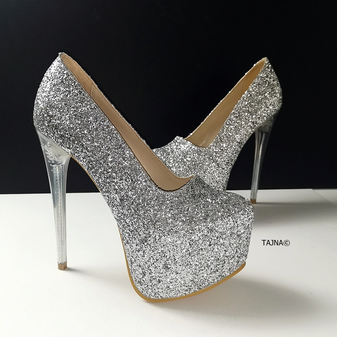 Silver Glitter Transparent Heel Pumps | Tajna Club
