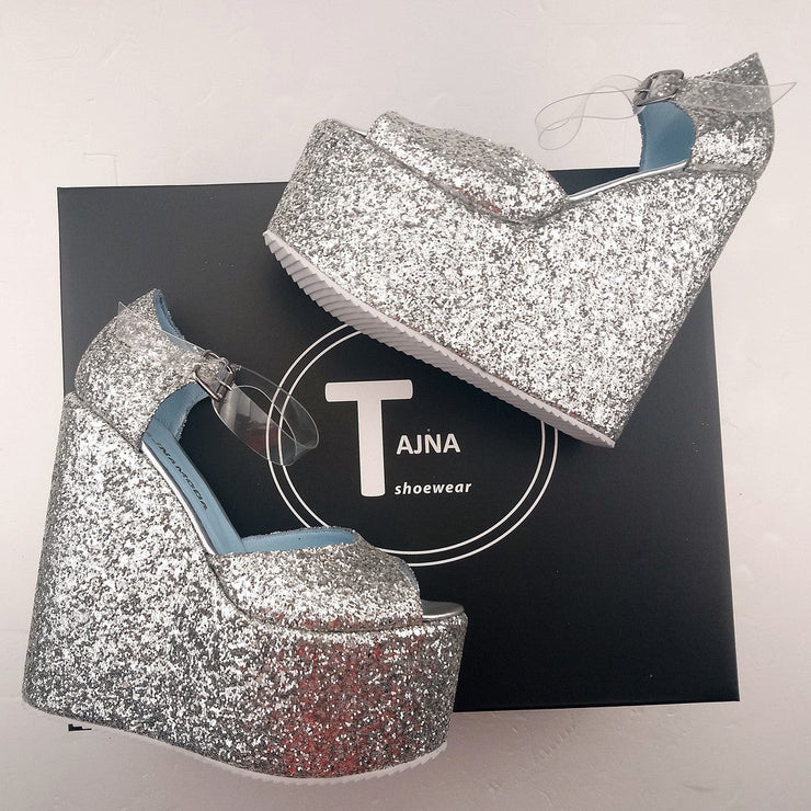 Silver Shiny Transparent Strap High Heel Wedge Shoes - Tajna Club