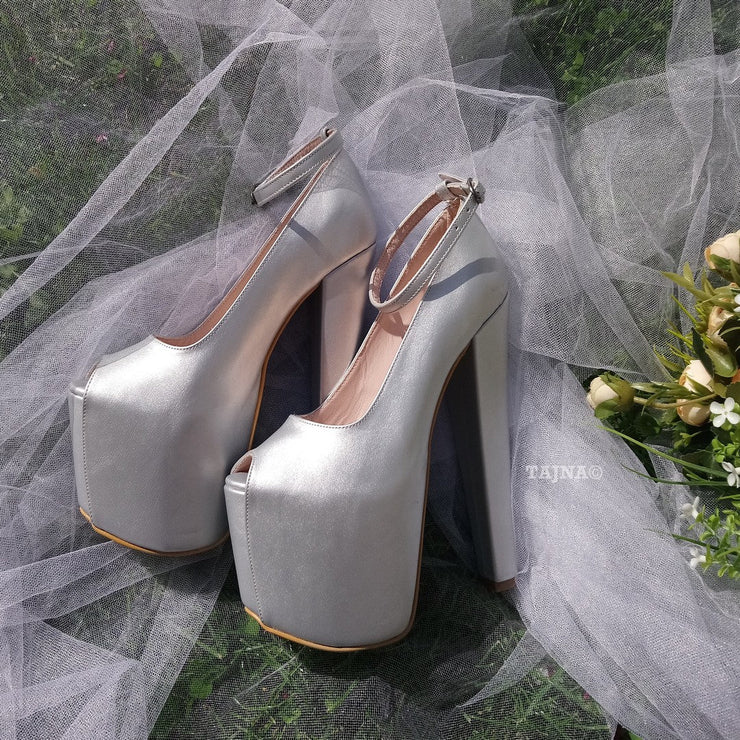 Silver Peep Toe Ankle Strap Wedding Shoes - Tajna Club