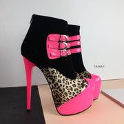 Pink Leopard Black Belted Boots - Tajna Club
