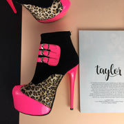 Pink Leopard Black Belted Boots - Tajna Club