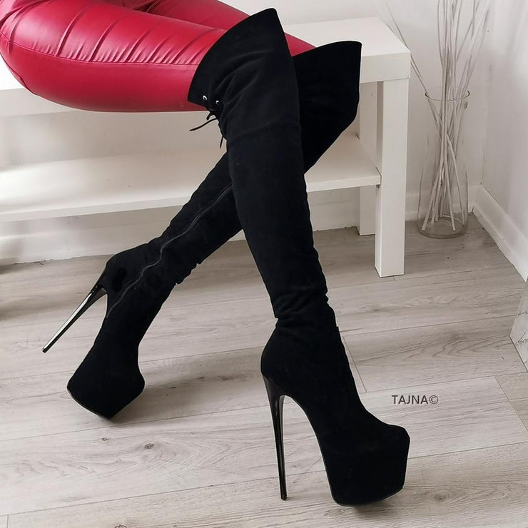 Black Suede High Heel Over the Knee Boots - Tajna Club