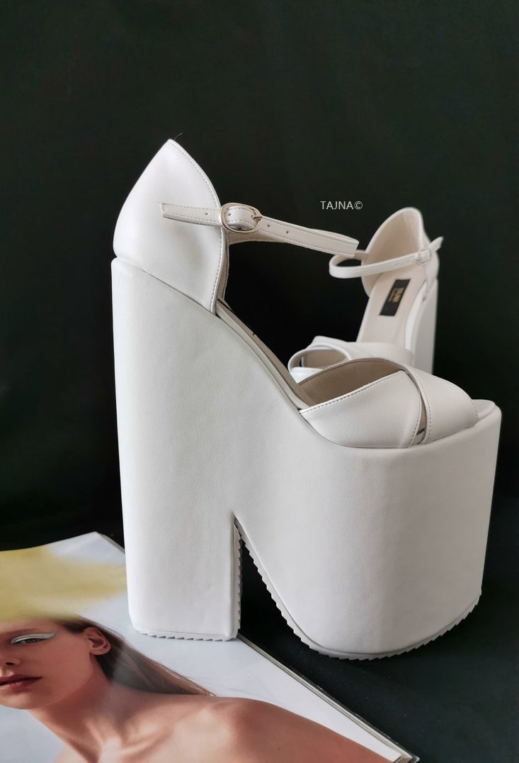 White Extreme Heel Strap Wedge Shoes - Tajna Club