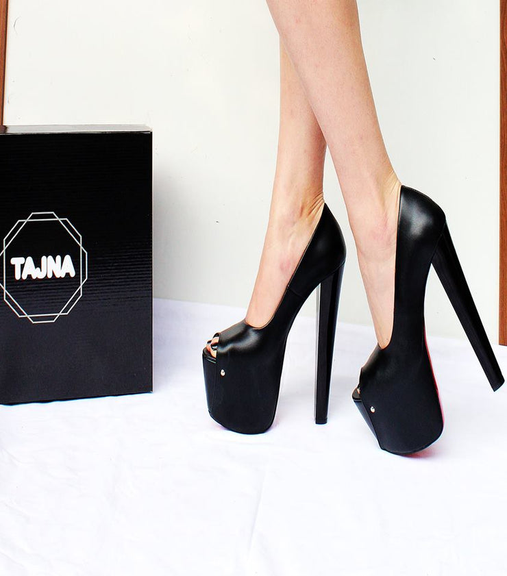 Black Peep Toe Chunky High Heel Platform Shoes 19 cm - Tajna Club