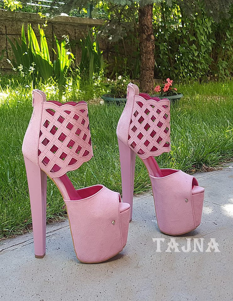 Pink Suede Lazer Cut  High Heel Booties - Tajna Club