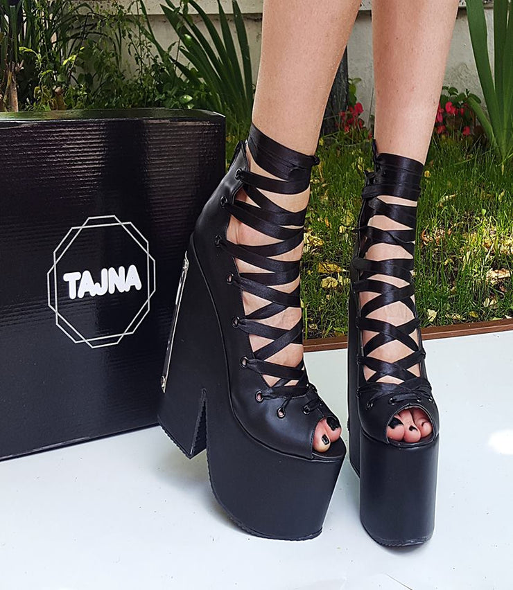 Black Platform Wedges Lace Up 20 cm High Heel Shoes - Tajna Club