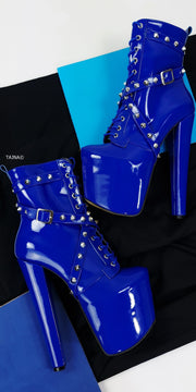 Electric Blue Spike Studs High Heel Rocker Boots