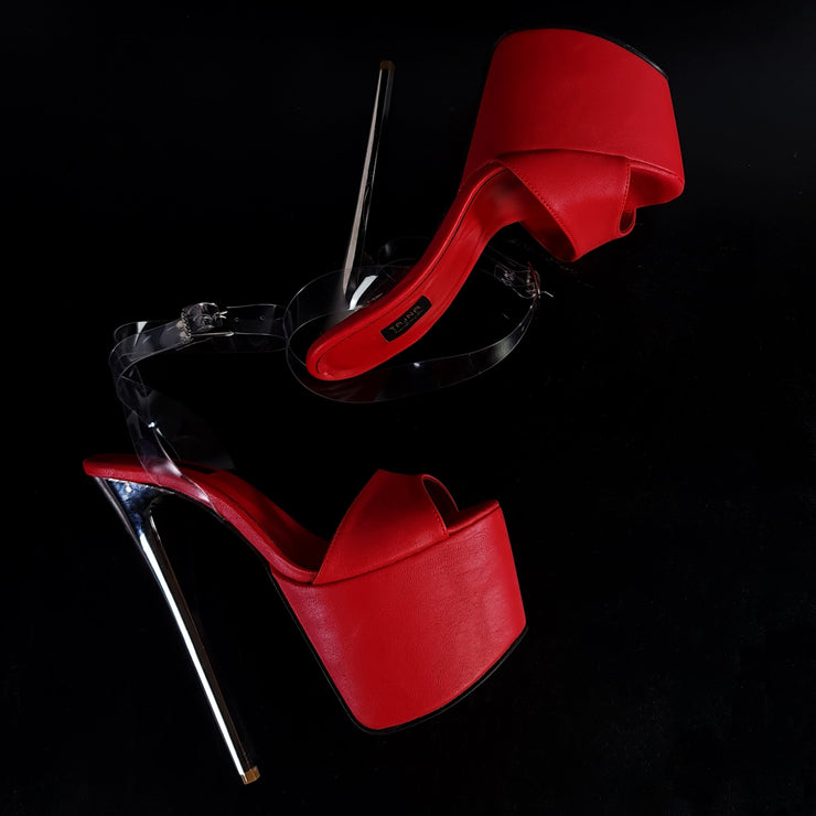 Red Transparent Strap Metallic Heel Sandals Tajna Club Shoes