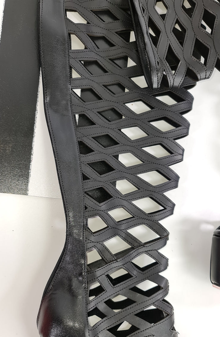 Black Matte Lazer Cut Thigh High Boots
