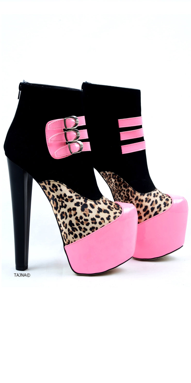 Pink Gloss Leopard Detail Ankle Heel Boots