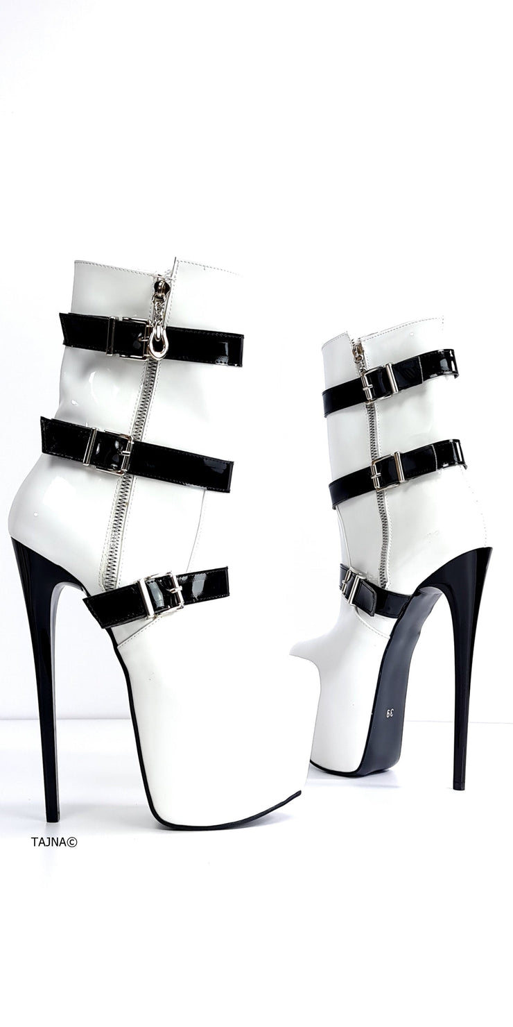 White Gloss Black Belted High Heel Boots