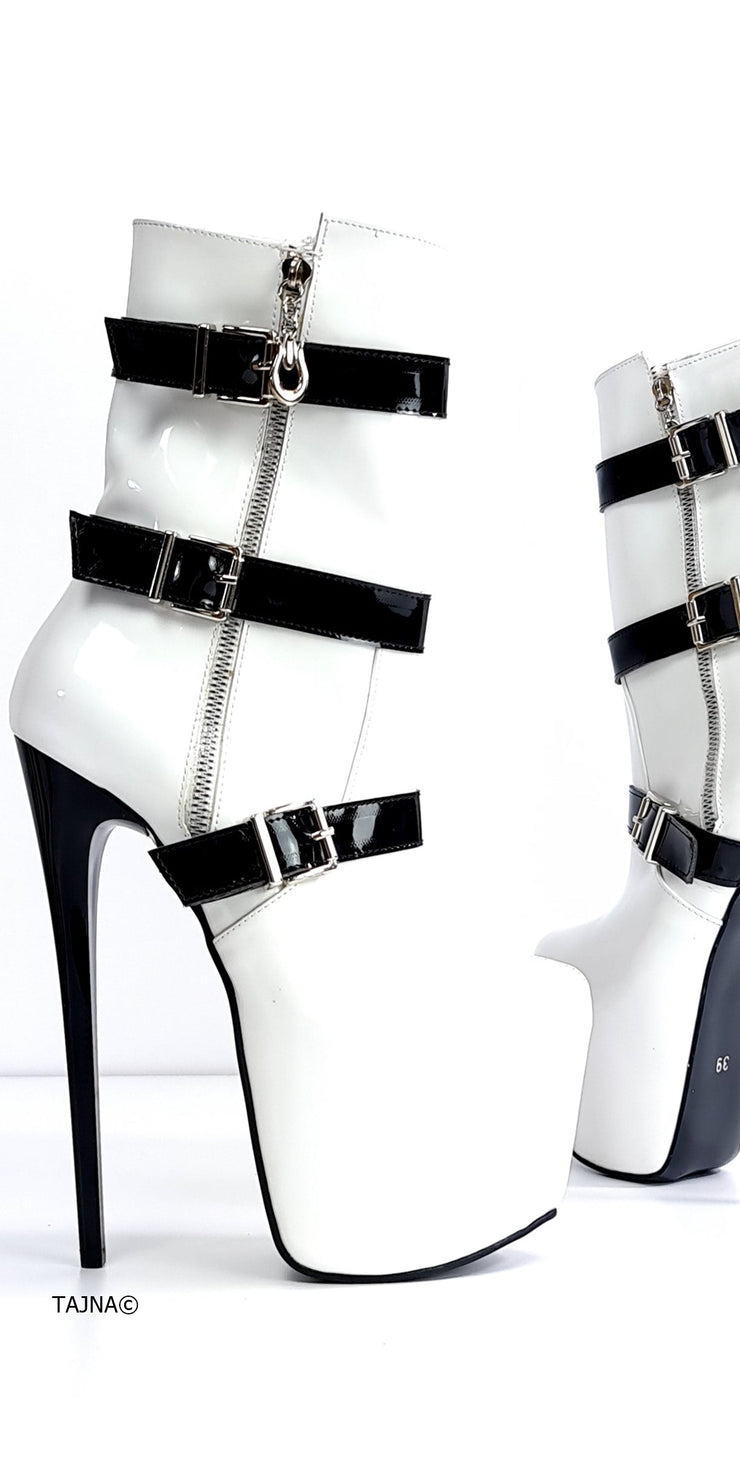 White Gloss Black Belted High Heel Boots