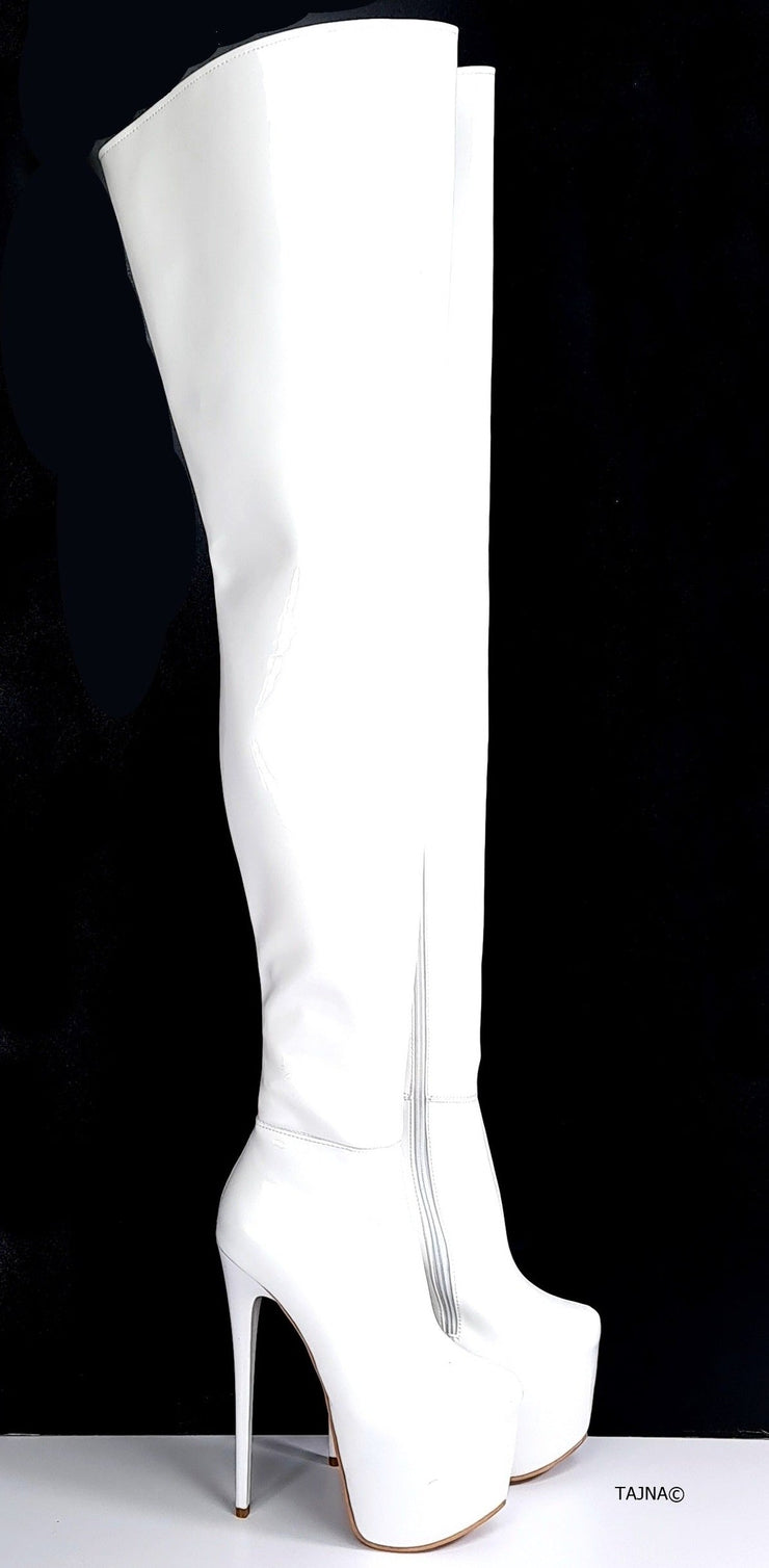 Glossy White Patent Thigh High Heel Boots