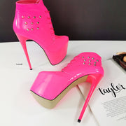 Neon Pink Stud Ankle High Heel Boots - Tajna Club