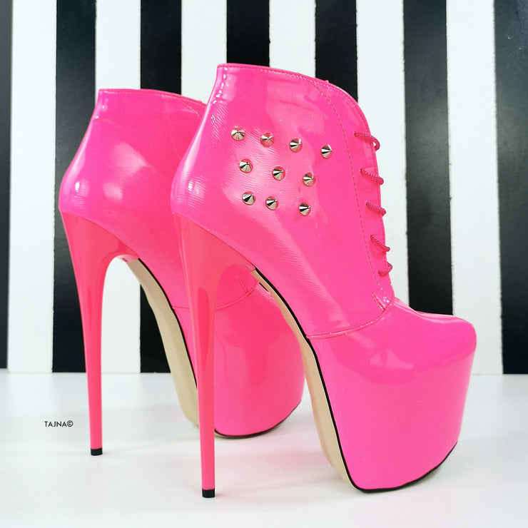 Neon Pink Stud Ankle High Heel Boots - Tajna Club