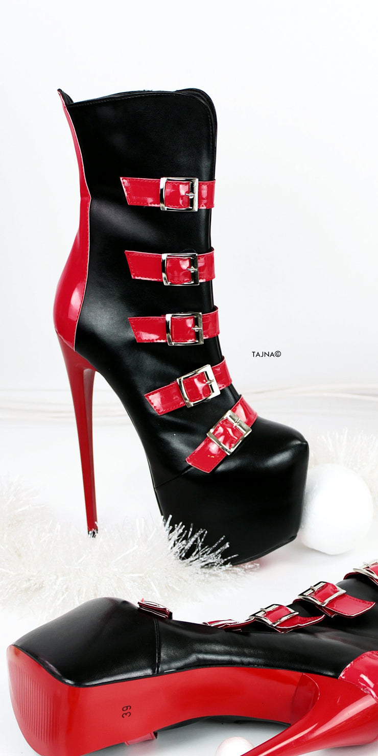 Belted Black Red Ankle Heel Boots - Tajna Club