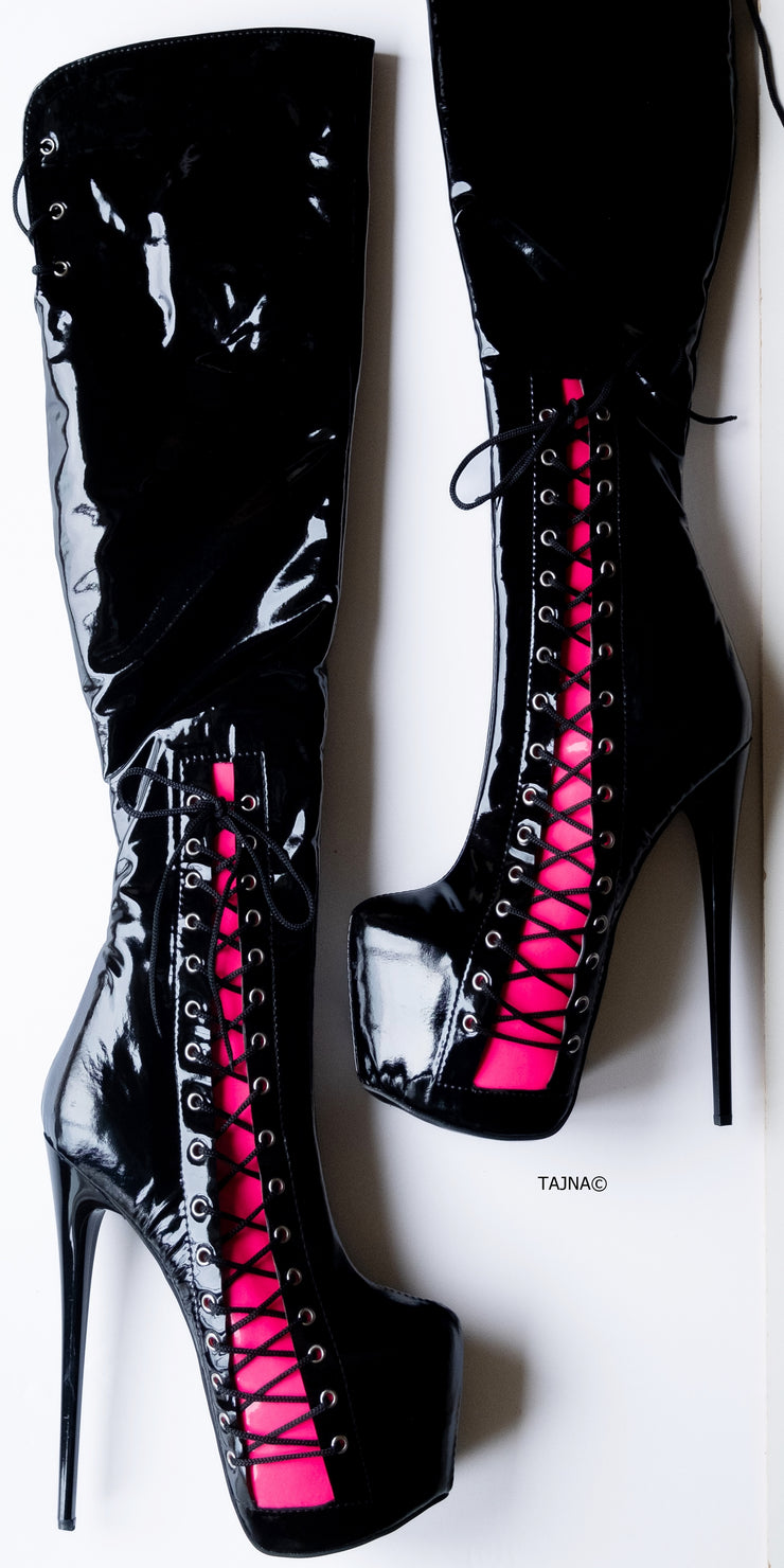 Black Pink Gloss Corset Detail Over Knee Boots