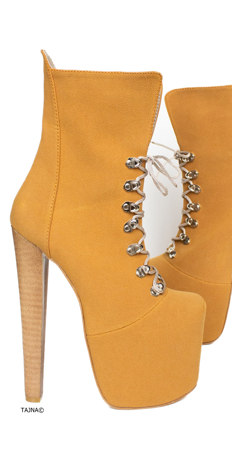 Square Nose Camel Lace Up High Heel Boots