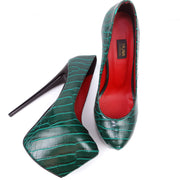 Green Croco Red Detail High Heel Pumps