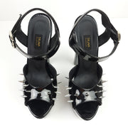 Black Gloss Spike Strap Chunky High Heel Sandals