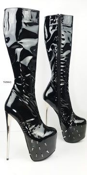Spike Detail Black Gloss Mid Calf High Heel Boots